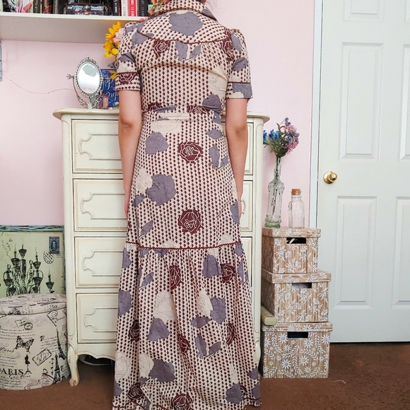 Vintage 70s Brown & Grey Rose Floral Maxi Dress - Picture 8 of 8